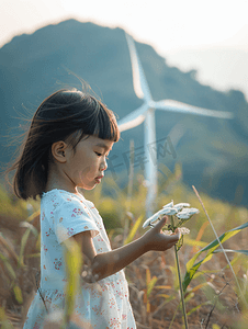 小女孩体验风车发电模型装置
