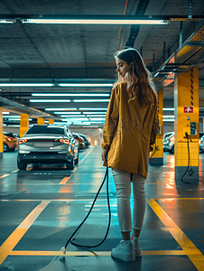 地下停车场给新能源汽车充电的女性
