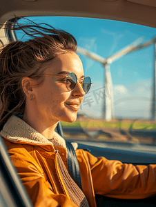 春季自驾游摄影照片_开新能源汽车自驾出行的年轻女性