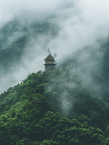 湖北咸宁九宫山顶云雾缭绕的风车