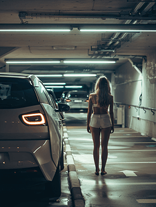 节约用电的摄影照片_地下停车场给新能源汽车充电的女性