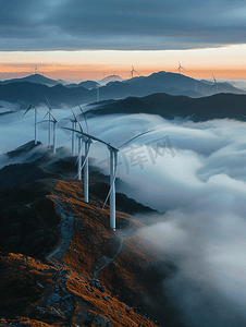 绿色环保蓝天摄影照片_山顶云海中的发电风车
