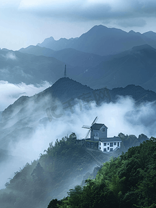 湖北咸宁九宫山顶云雾缭绕的风车