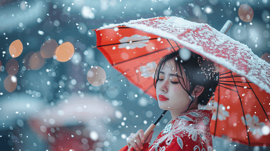 冬天身着汉服的女性下雪打伞摄影图