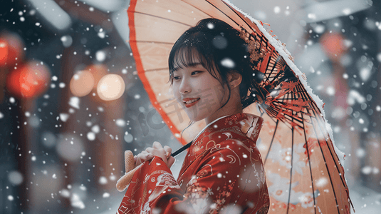 冬天身着汉服的女性下雪打伞摄影