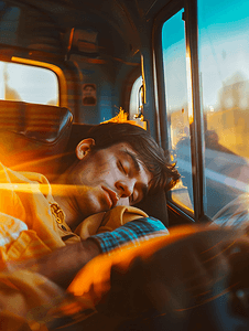 工作生活睡觉摄影照片_在汽车上睡觉的人