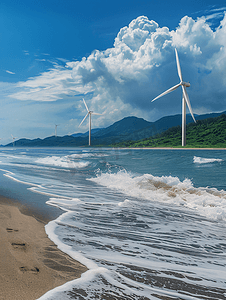 环保电力摄影照片_海边环保风能发电风光