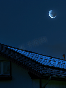 满月图片摄影照片_夜晚屋顶上的太阳能板