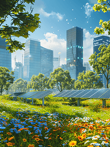 太阳能板与城市风景