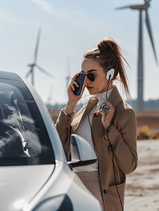 新能源汽车旁打电话看时间的商务女性