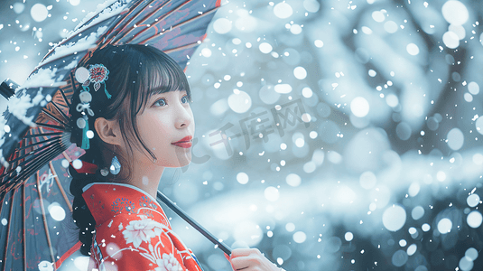 冬天冬季雪景身着汉服的女性摄影