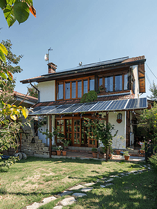绿色的电池摄影照片_房屋上的太阳能板