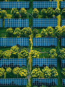 公园里排放整齐的太阳能电池板