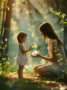 妈妈教女儿保护地球环境