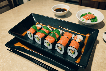 盘子里的美味寿司摄影图