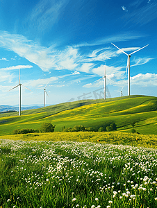 田间绿色的发电风车