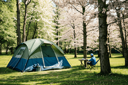 春季山间搭帐篷露营摄影图1