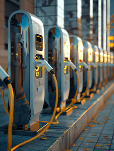 新能源汽车充电站充电桩和正在充电的汽车