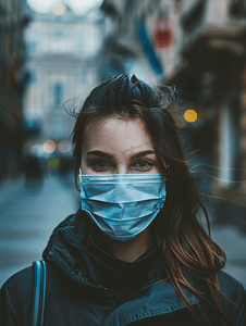 空气污染的城市摄影照片_流感城市建筑背景下的口罩
