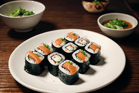 盘子里的三文鱼寿司摄影图片2