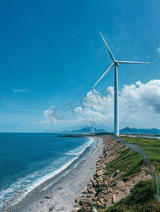 山东红粉摄影照片_山东威海海边的风力发电机