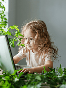 小女孩电脑上学习环保知识