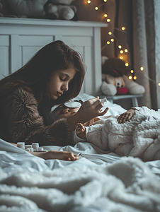 妈妈给生病卧床的女儿吃药特写