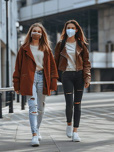 城市生活青年女人戴口罩在户外行走