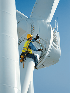 技术工人查看风力发电设备