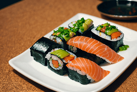 盘子里的三文鱼寿司摄影配图1