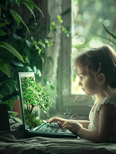 小女孩电脑上学习环保知识