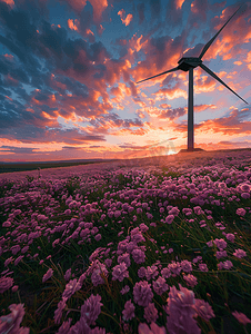 夕阳下在花田里的风力发电机