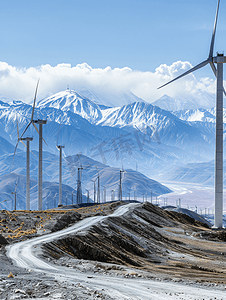 电厂图片摄影照片_新疆天山雪山风电厂电力基础设施素材背景