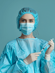 手术服图片摄影照片_女性医生手术服拿着针筒打针