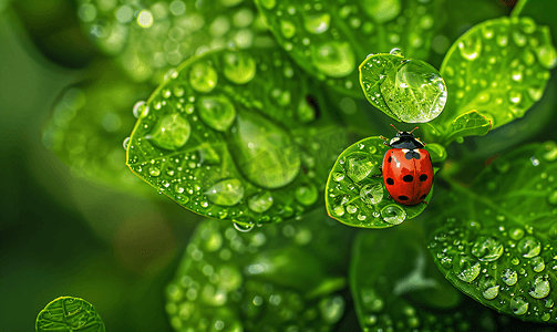 春天昆虫摄影照片_雨天绿叶上的瓢虫摄影7