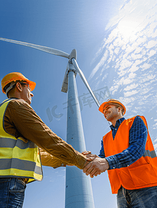 大风车风车摄影照片_仰拍工程师在大风车下握手合作