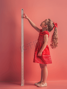 儿童身高贴摄影照片_小女孩给自己测量身高