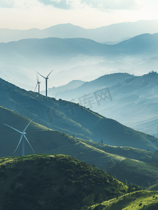 山峰云海摄影照片_高山上的风能电力发电风车