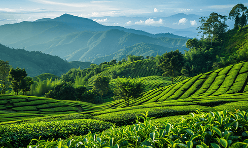 绿色阳光植物摄影照片_安康山，清迈，泰国的茶园