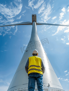 绿色文明摄影照片_男性工程师检查风力发电设备背影