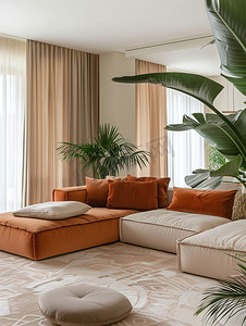 撞色橙色摄影照片_橙色沙发米色的家居布置高清图片