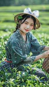 背着竹篓摄影照片_摄影图人物写真采茶照片女孩
