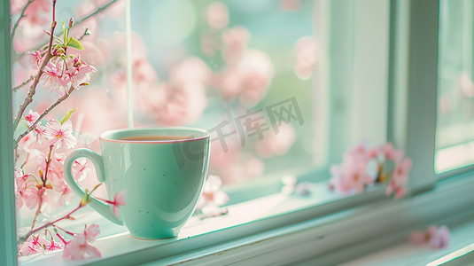 春季树枝窗台上陶瓷杯的摄影1图片