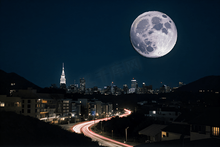 灯光下夜景摄影照片_夜空下的圆月摄影图3