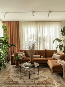 橙色沙发米色的家居布置高清摄影图