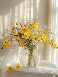 春天窗台上黄色的鲜花高清图片