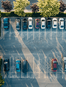 停车场的鸟瞰图。一半的停车场可用于电动汽车充电服务