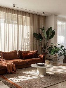 撞色橙色摄影照片_橙色沙发米色的家居布置高清图片