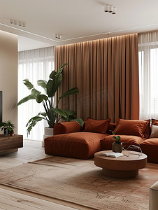 橙色沙发米色的家居布置摄影照片