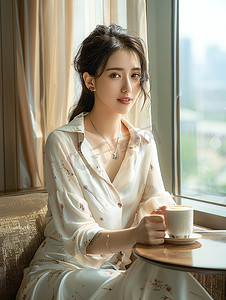 精致优雅白领坐在咖啡桌旁高清图片
